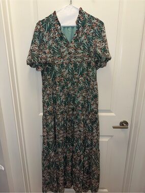 Jade Green Floral Maxi Dress with Pink Accents